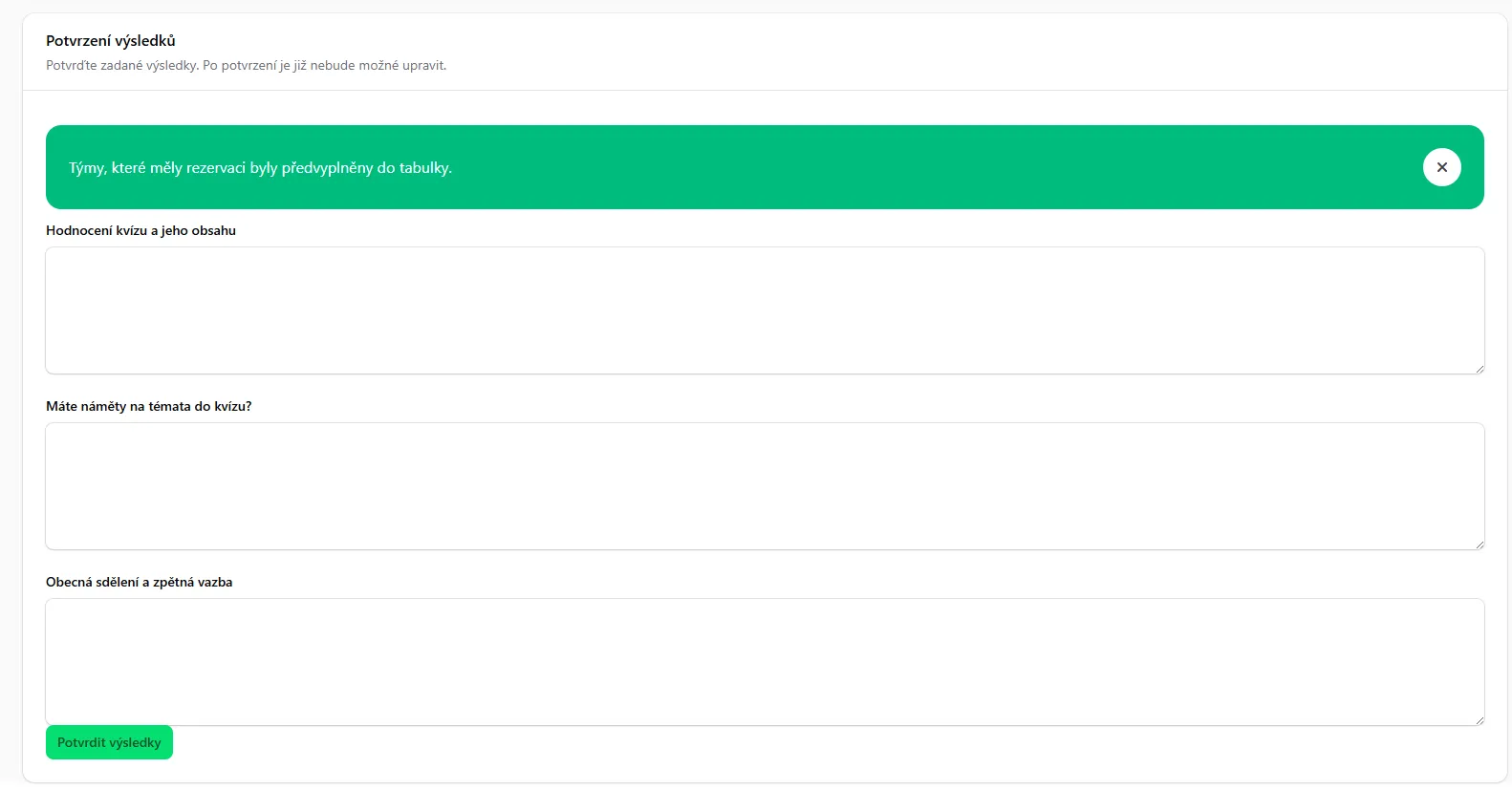Obrazovka potvrzení výslekdů