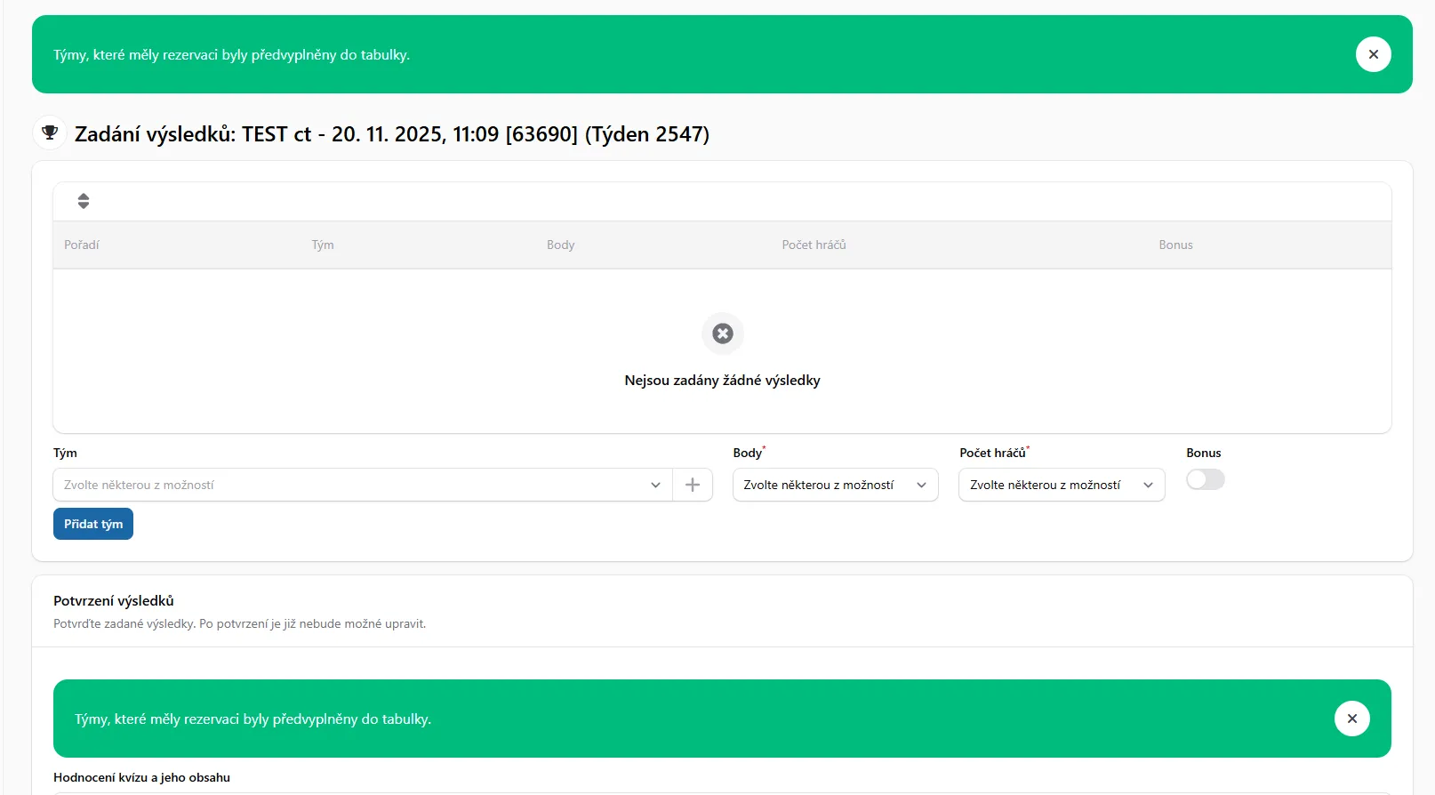 Obrazovka pro zadání výsledků